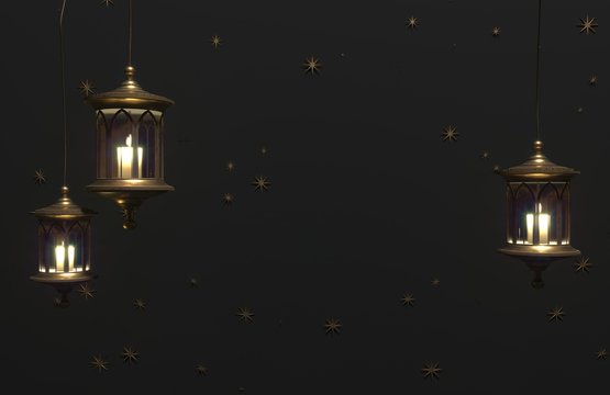 Ramadan Kareem greeting template with arabic lantern on a dark background with stars. 3d render illustration with copy space.