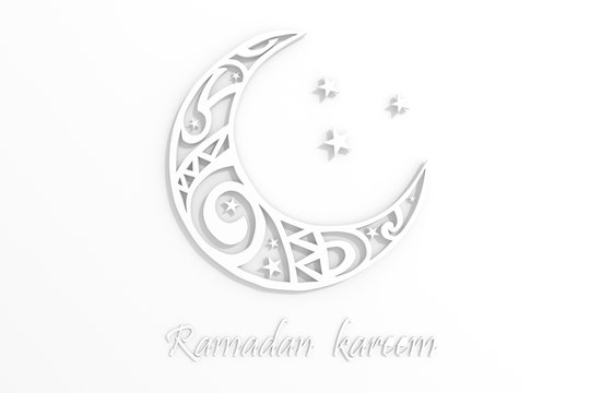 Ramadan Kareem template with arabic ornament moon on a light background with stars. 3d render illustration for cards, greetings.