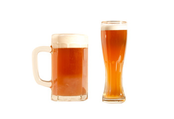Light beer. Two beer glasses on a white background. Isolated objects.