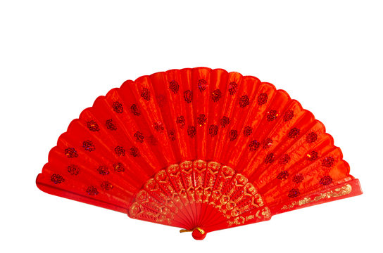 Red fan on white background. Isolated object.
