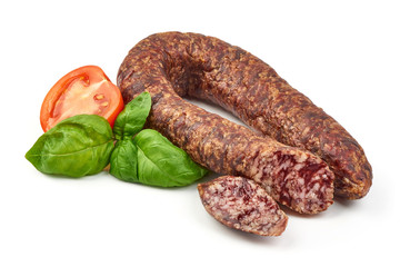 Dried pork sausage, smoked meat, close-up, isolated on white background