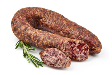 Smoked salami sausage, dried meat, close-up, isolated on white background