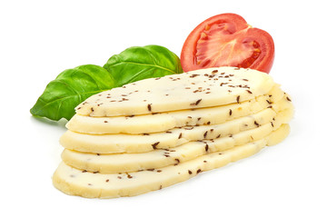 Sliced Fresh Feta Cheese with cumin seeds, close-up, isolated on white background
