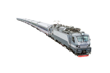 Passenger train composition with electro locomotive isolated on white background.
