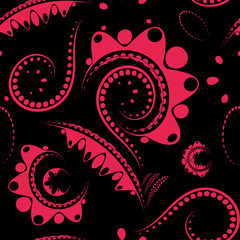 Pink large flower on a black background with melkini details and drawing.