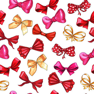Bow hand drawn vector seamless pattern. Golden gradient, red, pink ribbon knots illustration. Gift bowknots drawing. Isolated color hair accessories clipart. Holiday wrapping paper, textile design