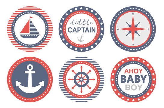 Baby Shower Vecor Party Tags. Nautical Round Shape Stickers. Ship, Anchor and Helm Design. Ahoy Baby Boy. Little Captain Party. Lovely Nursery Art. Baby Shower Do It Yourself Candy Bar Decoration Set.