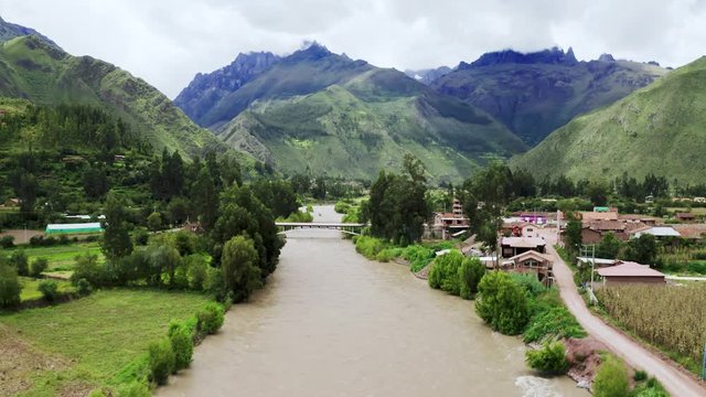 Aerial view of river at the Sacred Valley of the Incas near Urubamba town. Mountains alpine landscape in a region of Cusco, Peru.
