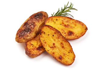 Baked potato wedges, fried potatoes, close-up, isolated on white background