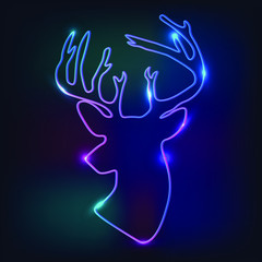 Deer Blue outline vector icon. Contour neon line pictogram on dark background.
