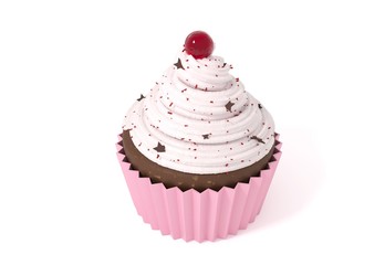 Cupcake with vanilla icing on a white background - 3d render, isolate. Chocolate dessert with cream in a pink glass and sprinkling for the holidays, Easter and birthday.