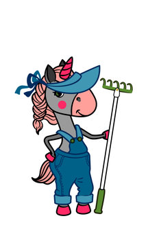 Vector illustration. Unicorn in a hat with a rake in his hands. Cartoon character.