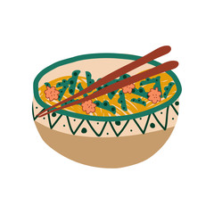 Ceramic Bowl of Noodles Soup with Vegetables and Chopsticks, Traditional Chinese or Japanese Food, Ramen Noodles Vector Illustration