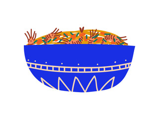 Blue Bowl of Noodles with Shrimps, Traditional Chinese or Japanese Food, Ramen Noodles Vector Illustration