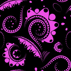 A lilac large flower on a black background with details of melkini and drawing.