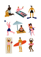 Naklejka premium People Relaxing on Beach on Summer Vacations Set, Young Men and Women of Different Nationalities Performing Leisure Outdoor Activities Vector Illustration