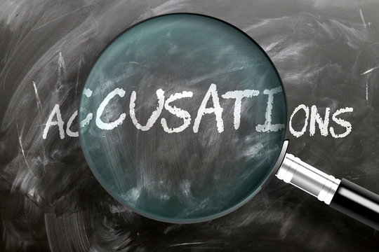 Learn, study and inspect accusations - pictured as a magnifying glass enlarging word accusations, symbolizes researching, exploring and analyzing meaning of accusations, 3d illustration