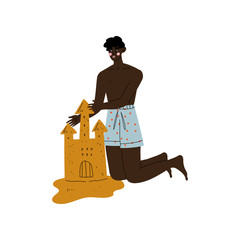 Young African American Man Making Sand Castle on Beach, Guy Relaxing on Beach on Summer Vacations Vector Illustration