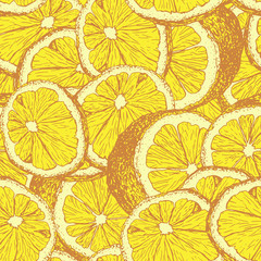 Yellow lemons hand drawn seamless pattern. Sliced citrus color outline drawing. Lemon slices and cuts sketch. Realistic citrus fruit texture. Wrapping paper, textile, wallpaper, background fill