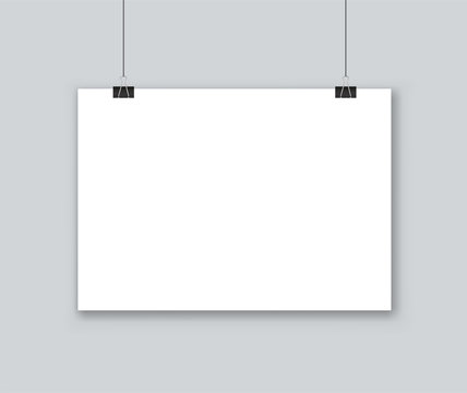 Whire poster mockup hanging on wall. Vector