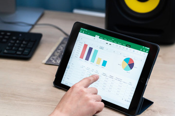 Working and analyzing financial figures on a digital tablet