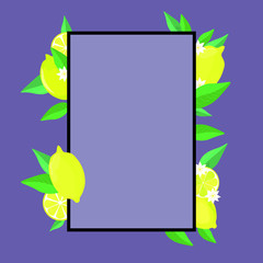 Vector illustration. Frame decorated with lemons, lemon slices, green leaves and white flowers. Purple background. 