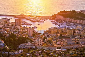 Monte Carlo yachting harbor and colorful waterfront aerial sunrise view