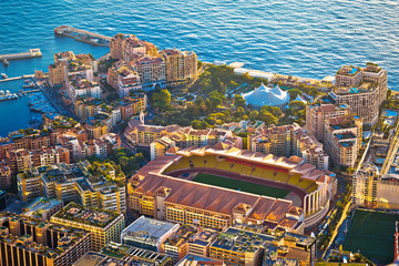 Fontvieille colorful waterfront and AS Monaco stadium aerial view - obrazy, fototapety, plakaty