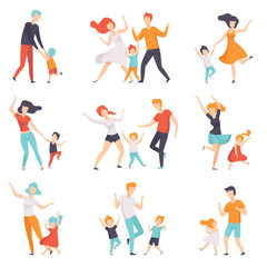 Parents dancing with their children set, kids having good time with their dads and moms vector Illustrations on a white background