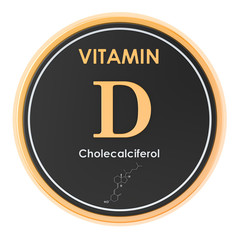 Vitamin D, cholecalciferol. Circle icon, chemical formula, molecular structure. 3D rendering