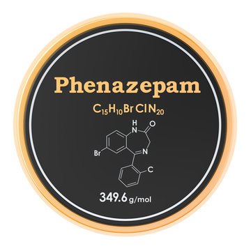 Phenazepam. Chemical formula, molecular structure. 3D rendering isolated on white background