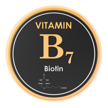 Vitamin B7, biotin. Circle icon, chemical formula, molecular structure. 3D rendering