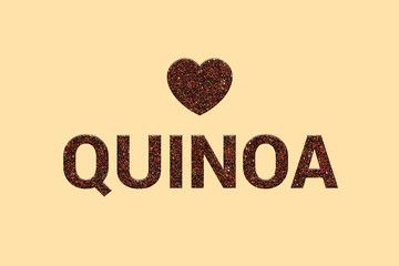 Red Quinoa super food grains texture text with heart on pastel color background. Red Peruvian Incan super foods. Typography of Whole grain raw organic quinoa seeds. Vegan detox food.