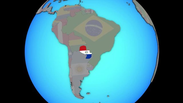 Closing in on Paraguay with embedded national flag on blue political 3D globe. 3D illustration.