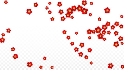 Vector Realistic Red Flowers Falling on Transparent Background.  Spring Romantic Flowers Illustration. Flying Asian Rose Spa Design. Blossom Confetti. Design Elements for Wedding Decoration.