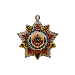 Order of Friendship of Peoples - A model of the Order of the USSR, isolated on a white surface. May 9 Victory Day. Translation of Russian inscriptions: Friendship of Peoples, USSR.