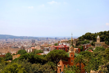 Aerial view of Barcelona from Park G&uuml;ell with The Gaudi House Museum in the foreground.