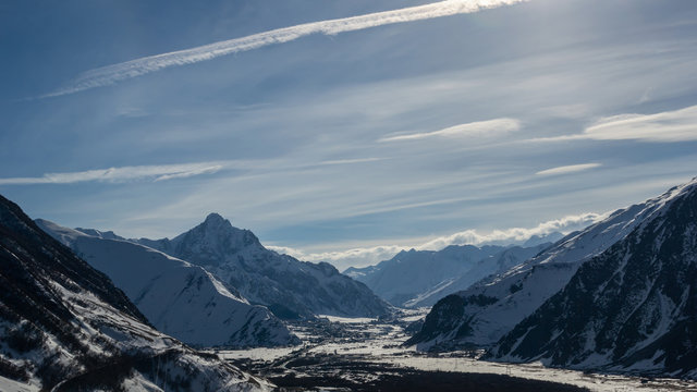 Beautiful view from mouintain in Kazbegi, Georgia on valley of Terek river