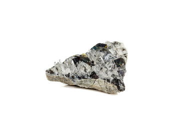 Macro stone mineral Pyrrhotite, quartz, Sphalerite, calcite, Galena on white background