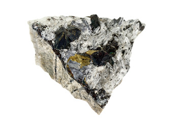 Macro stone mineral Pyrrhotite, quartz, Sphalerite, calcite, Galena on white background