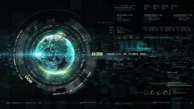futuristic motion graphic user interface head up display screen with Holographic Earth and digital data telemetry information display for digital background computer desktop display screen