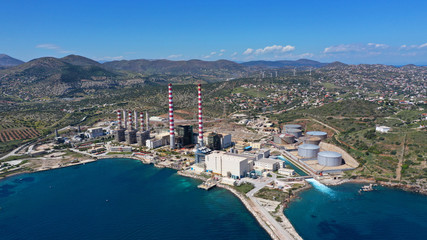 Aerial drone photo of industrial power plant in area of Lavrio, South Attica, Greece