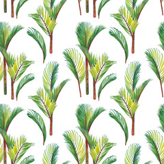 Obraz premium Tropical seamless pattern with red lipstick palm trees. Watercolor on white background.