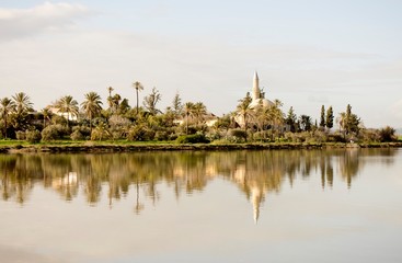 Fototapeta na wymiar Landscape of Hala Sultan Tekke mosque in Cyprus with cloudy sky
