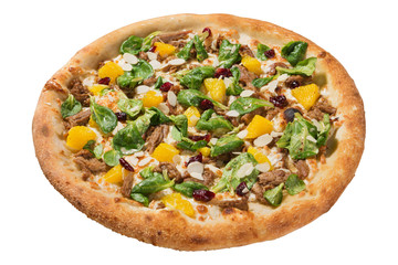italian pizza with duck meat and oranges, on a white background