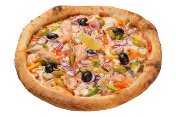 Italian pizza with fish and other seafood, on a white background