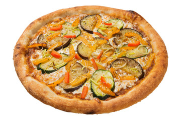 italian vegetarian pizza with zucchini and eggplant, on a white background