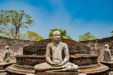 The sacred quadrangle with buddha, ancient ruins in Polonnaruwa in Sri Lanka
