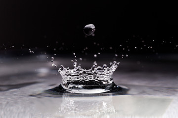 Drop of water with splash crown in a black background