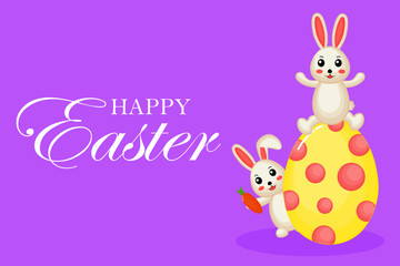 Happy Easter greeting card. with bunny and eggs. the season of joy. Animal wildlife cartoon character. Cute Rabbit. Isolated on purple background. Vector illustration. 